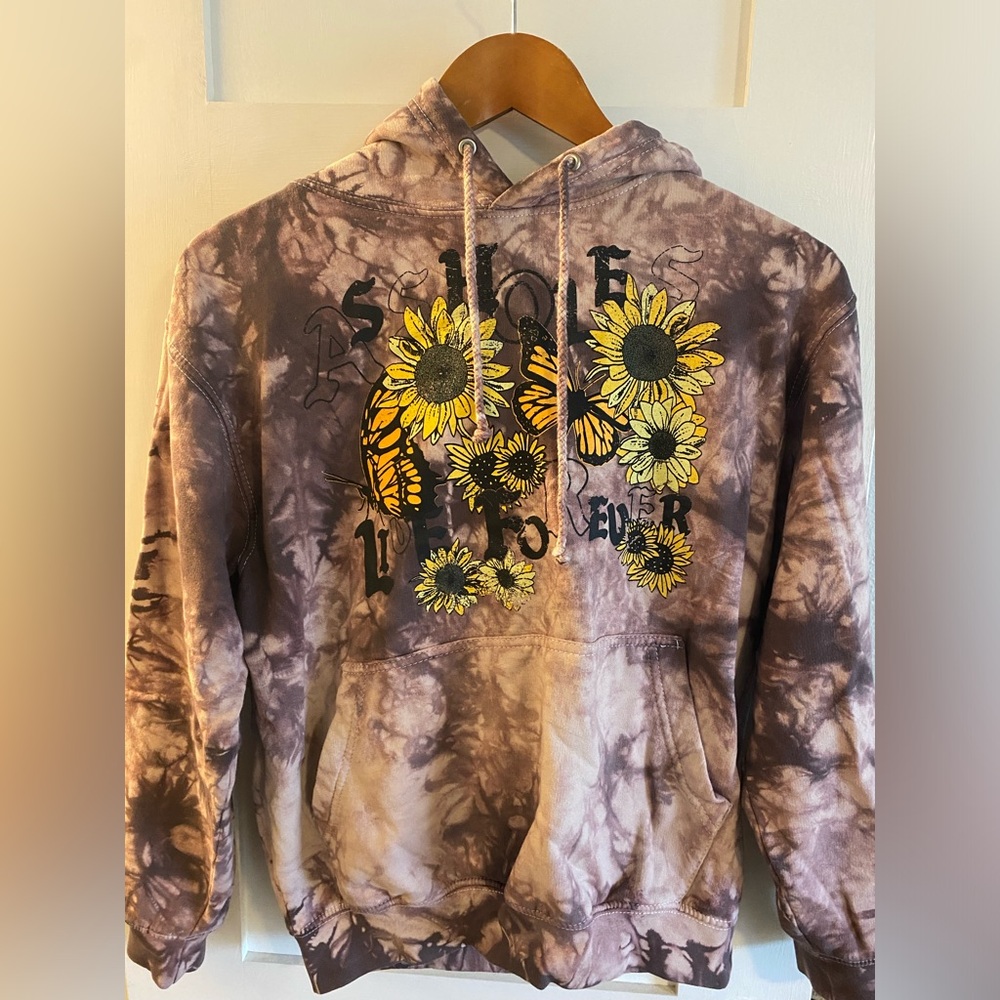 Assholes Live Forever tie dye sweatshirt w/ butterflies and sunflowers